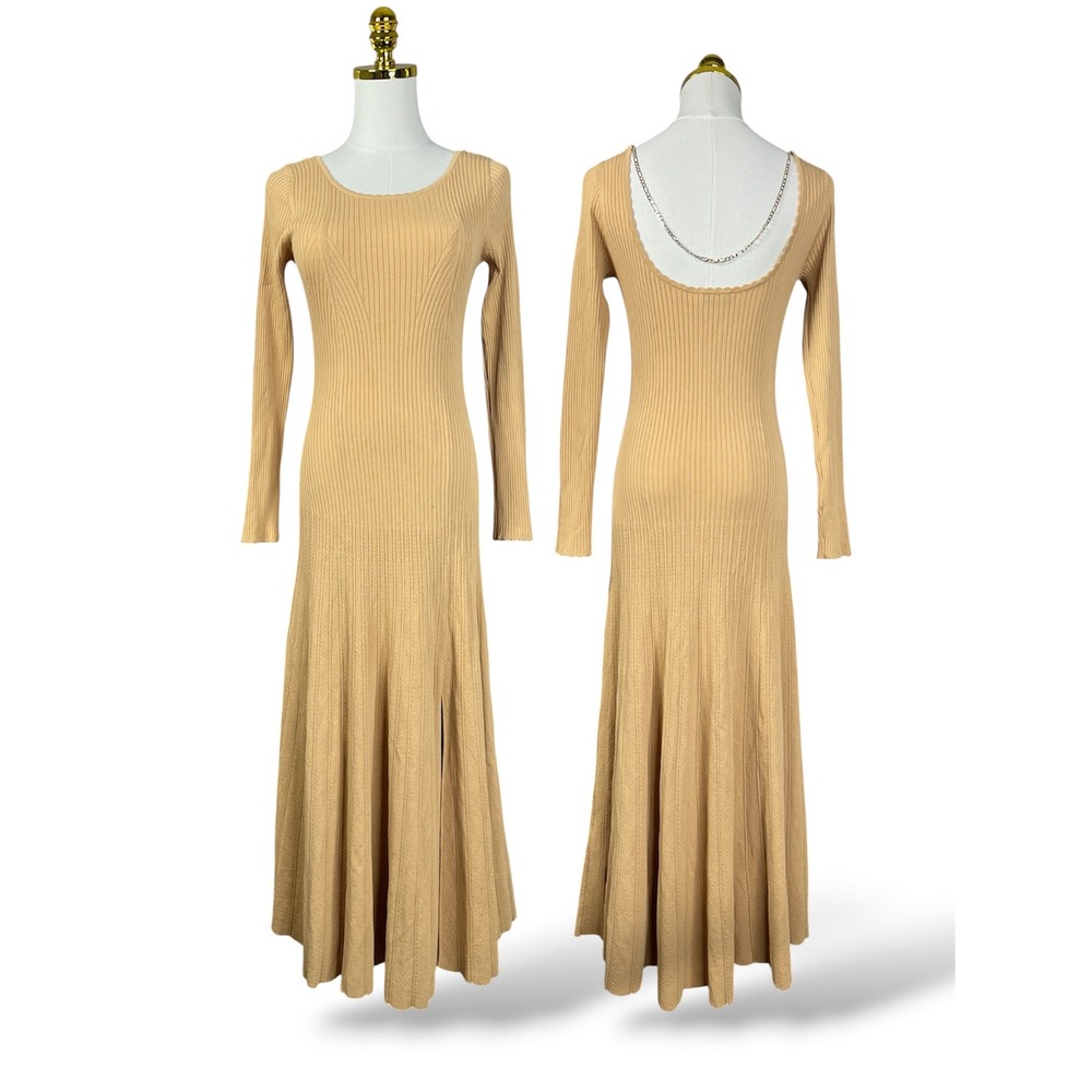 Sandro Paris Ribbed Knit Chain Back Midi Dress Tan Beige Long Sleeve Size 40